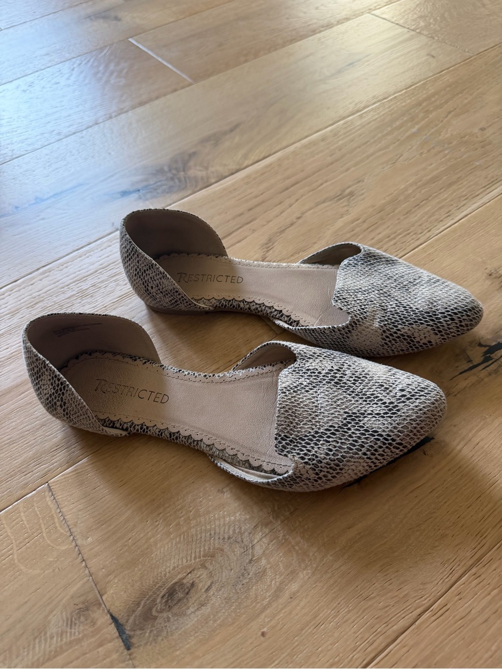 Restricted Women's Snake-Print D'Orsay Flats in Taupe and Black